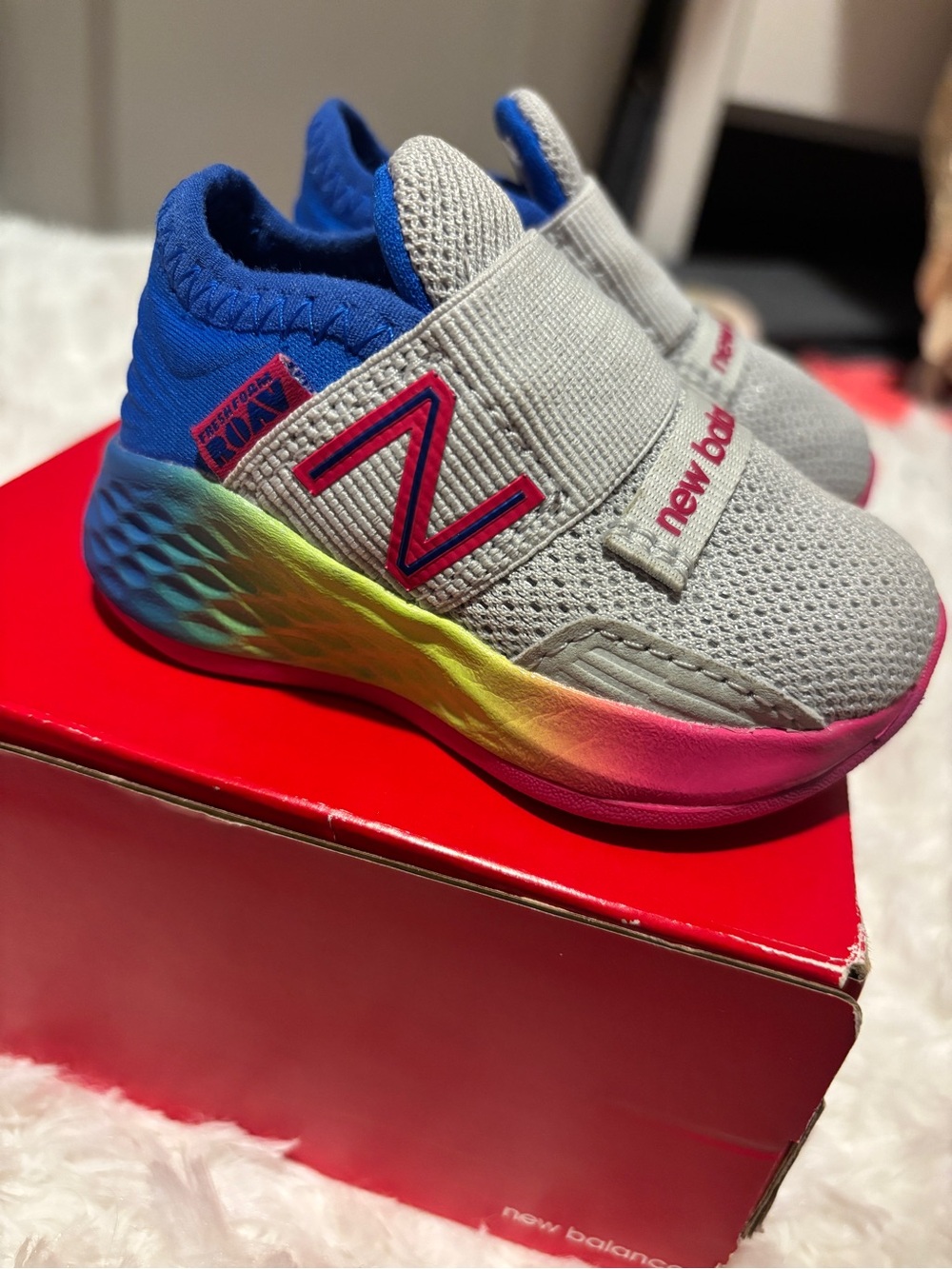 New Balance Kids Grey, Blue & Pink Slip-On Sneakers with Rainbow Sole